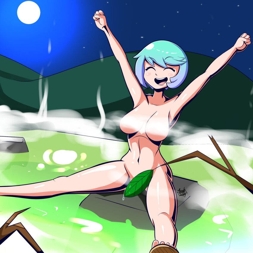 1girl 2019 aonoexorcist100 armpits arms_up blue_hair blush borrowed_character branch breasts censored closed_eyes convenient_censoring green_hair highres leaf leaf_censor medium_breasts moon multicolored_hair navel night night_sky nude open_mouth pixen_(derpixon) short_hair signature sky smile solo spread_legs star_(sky) starry_sky steam steam_censor water