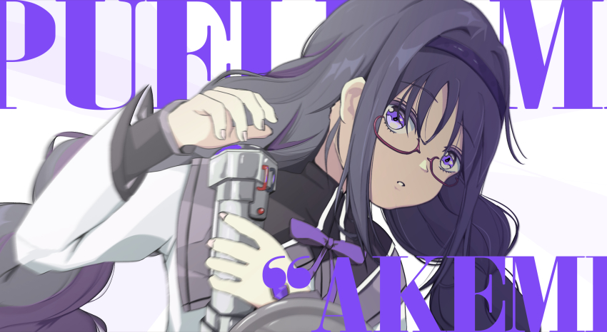 1girl akemi_homura akemi_homura_(magical_girl) black_capelet black_hair black_hairband bomb bow bowtie braid capelet character_name collared_capelet commentary copyright_name determined dress english_commentary explosive eyelashes fingernails glasses hairband high_collar highres holding holding_bomb layered_sleeves light_frown long_hair long_sleeves looking_at_viewer low_twin_braids magical_girl mahou_shoujo_madoka_magica mahou_shoujo_madoka_magica_(anime) mindscape_cinema_(zenless_zone_zero) parody parted_lips pipe_bomb purple_bow purple_bowtie purple_capelet purple_eyes red-framed_eyewear schuschuschultz shield sidelocks solo studded_hairband surprised twin_braids two-tone_capelet upper_body very_long_hair white_background white_dress zenless_zone_zero
