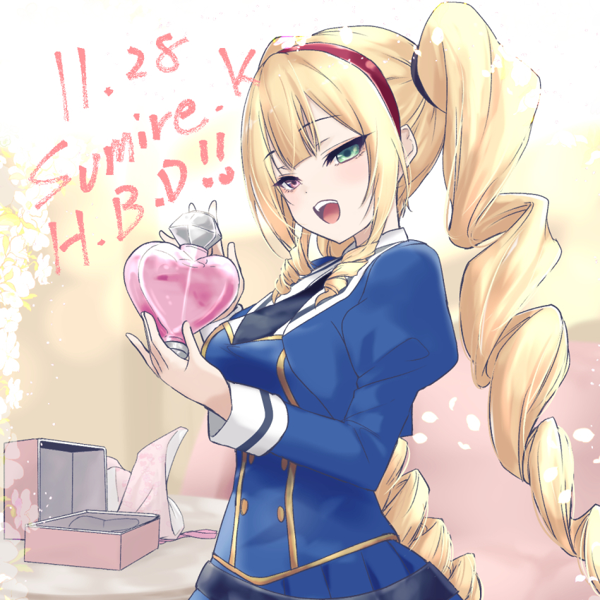 1girl assault_lily black_necktie blonde_hair blue_shirt blue_skirt blunt_bangs blurry blurry_background blush bottle box breasts character_name collared_shirt commentary_request couch cropped_jacket drill_hair drill_sidelocks gift gift_box green_eyes hairband hands_up happy_birthday heart-shaped_bottle heterochromia highres holding holding_bottle indoors juliet_sleeves komai_sumire long_hair long_sleeves looking_at_object looking_down medium_breasts necktie odaiba_girls_high_school_uniform open_box open_mouth perfume_bottle pink_eyes pleated_skirt puffy_sleeves red_hairband school_uniform shirt sidelocks skirt smile solo standing table teeth two-tone_shirt upper_teeth_only urutsu_sahari very_long_hair white_background white_shirt