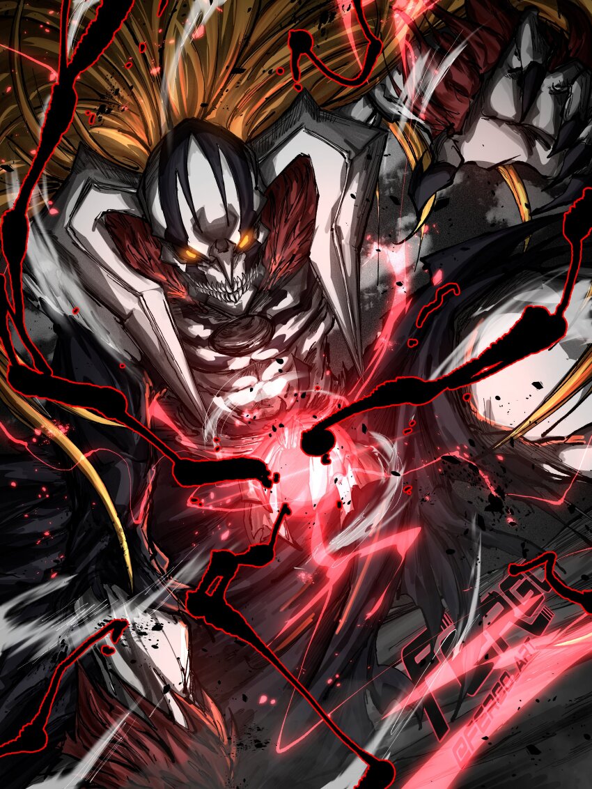 1boy abs absurdres black_claws black_robe black_sclera bleach body_markings cero claws colored_sclera colored_skin creature demon_horns energy_blast facepaint fergoart highres hole_in_chest hole_on_body hollow_ichigo horns kurosaki_ichigo long_hair looking_down orange_hair pale_skin red_fur robe sharp_teeth shihakusho signature solo talons teeth white_skin yellow_eyes