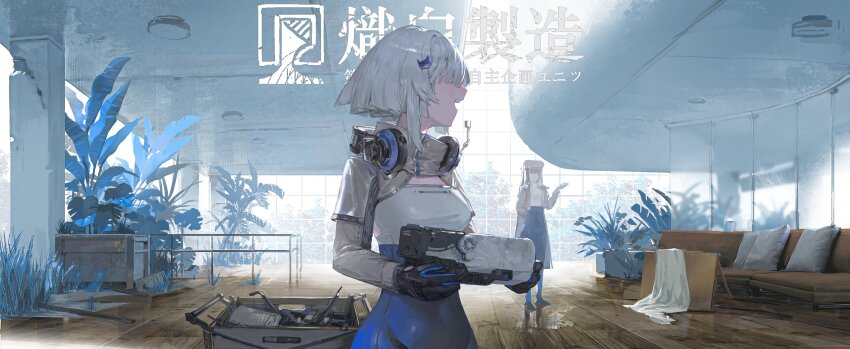 2girls absurdres blue_pants cart collared_shrug commentary_request couch cushion err03 grey_shrug gun hair_over_eyes headphones headphones_around_neck high_collar highres holding holding_gun holding_weapon indoors leaf multiple_girls open_mouth original pants plant short_hair shrug_(clothing) standing translation_request weapon white_hair window wooden_floor