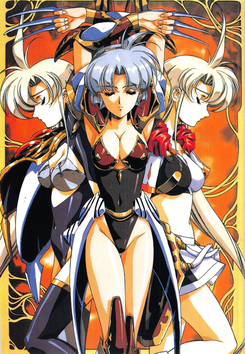 1990s_(style) 3girls absurdres armor blonde_hair blue_hair bodysuit breasts claw_(weapon) cleavage closed_eyes grey_hair groin highleg highres langrisser langrisser_ii long_hair multiple_girls official_art rana_(langrisser) retro_artstyle riana_(langrisser) sherry_(langrisser) short_hair skirt standing thighhighs urushihara_satoshi very_short_hair weapon