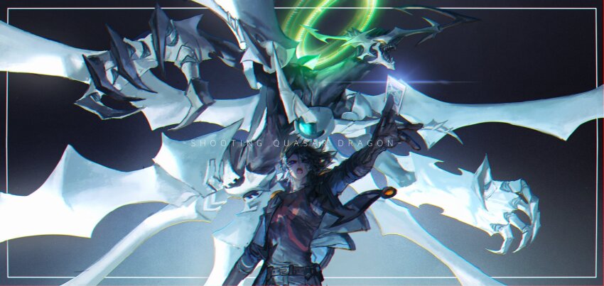 1boy bad_link belt belt_pouch black_hair black_shirt blue_jacket brown_belt brown_gloves card denim dragon duel_monster elbow_gloves energy_ring facing_to_the_side facing_viewer flying fudo_yusei gloves grey_background highres holding holding_card jacket jeans looking_up male_focus mecha mechanical_arms mechanical_legs mechanical_wings momentcorefly open_clothes open_jacket open_mouth outstretched_arms pants popped_collar pouch robot shirt shooting_quasar_dragon shoulder_pads shouting source_request spiked_hair wind wings yu-gi-oh! yu-gi-oh!_5d&#039;s