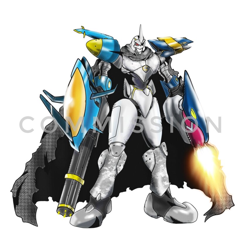armor black_cape brigadramon cape darkdramon digimon digimon_(creature) fusion gun highres machine_gun omegamon oridigi original red_eyes solo weapon weirdomonmaster white_armor