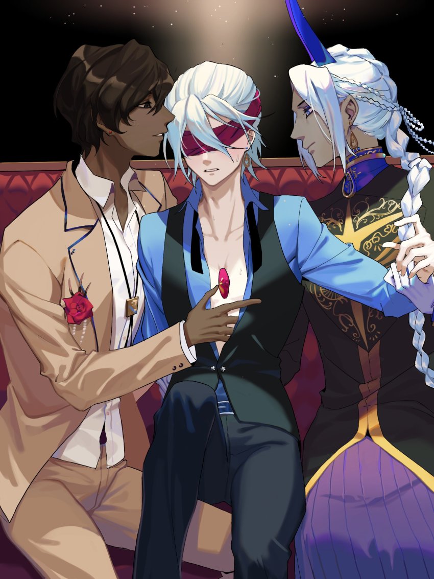 3boys 676643396dolce alternate_costume arjuna_(fate) arjuna_alter_(fate) arjuna_alter_(festival_outfit)_(fate) bare_pectorals black_hair blindfold blouse blue_shirt blush braid chest_jewel collared_shirt dark-skinned_male dark_skin dual_persona earrings fate/apocrypha fate/grand_order fate_(series) hand_on_another&#039;s_chest high_collar highres horns indian_clothes jewelry kameez karna_(fate) multiple_boys open_clothes open_shirt pectorals red_shirt shirt single_braid single_horn sitting vest waistcoat white_hair yaoi