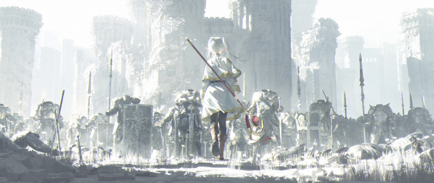 1girl armor army belt black_belt brown_footwear capelet castle commentary dress earrings elf english_commentary fen_bang_laoda frieren from_behind headless highres holding holding_polearm holding_shield holding_staff holding_weapon jewelry knight mage_staff outdoors pantyhose pointy_ears polearm severed_head shield sky sousou_no_frieren staff standing twintails weapon white_capelet white_dress white_hair