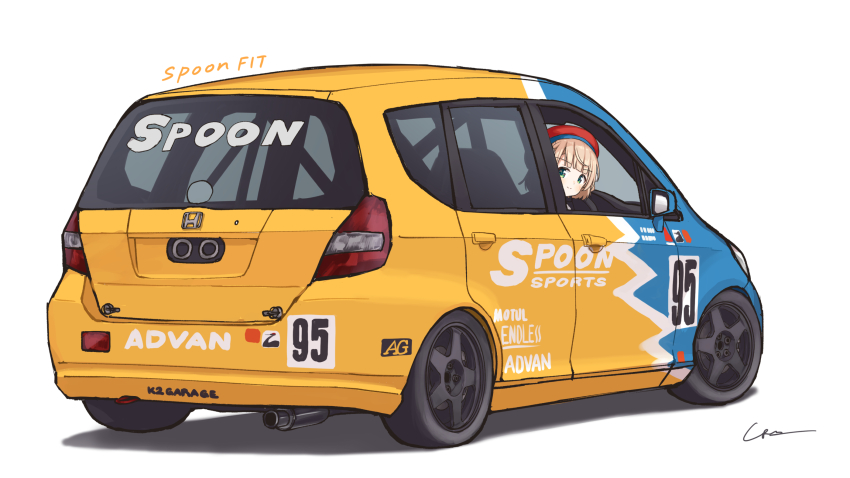 1girl advan beret blonde_hair blue_eyes blush car from_behind hat highres honda honda_fit indie_virtual_youtuber looking_back motor_vehicle race_vehicle racecar red_hat shigure_ui_(vtuber) shigure_ui_(vtuber)_(1st_costume) short_hair signature simana simple_background smile solo spoon_sports vehicle_focus virtual_youtuber white_background