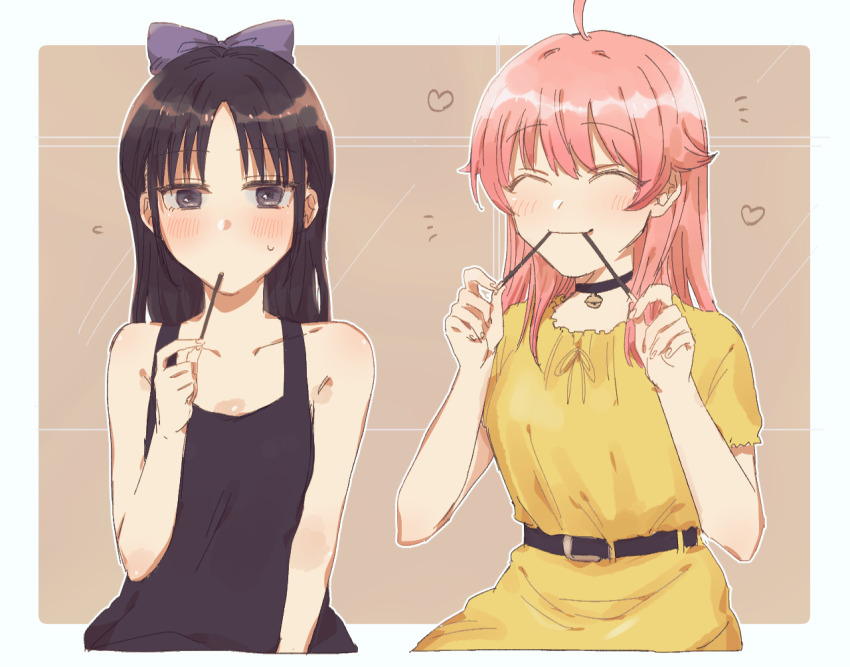 2girls ahoge bell belt black_choker black_dress black_eyes black_hair blush bow breasts brown_background choker closed_eyes dress eating facing_viewer food hair_bow heart long_hair miyao_nemu multiple_girls neck_bell parted_bangs pink_hair pocky seriyama_(srym_s) sleeveless sleeveless_dress small_breasts sweatdrop upper_body wakatsuki_niko witch_watch yellow_dress