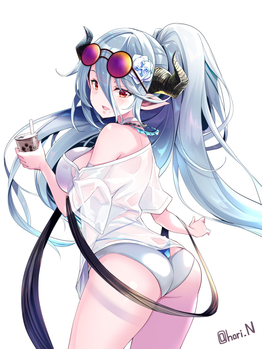 1girl ass back bare_shoulders bikini blue_hair blush breasts bubble_tea cup draph drinking_straw eyewear_on_head flower granblue_fantasy hair_between_eyes hair_flower hair_ornament highres holding holding_cup horns izmir izmir_(summer)_(granblue_fantasy) large_breasts long_hair looking_at_viewer looking_back mole mole_under_mouth nino_(shira) open_mouth pointy_ears ponytail red_eyes simple_background smile solo sunglasses swimsuit thighs very_long_hair white_background white_bikini