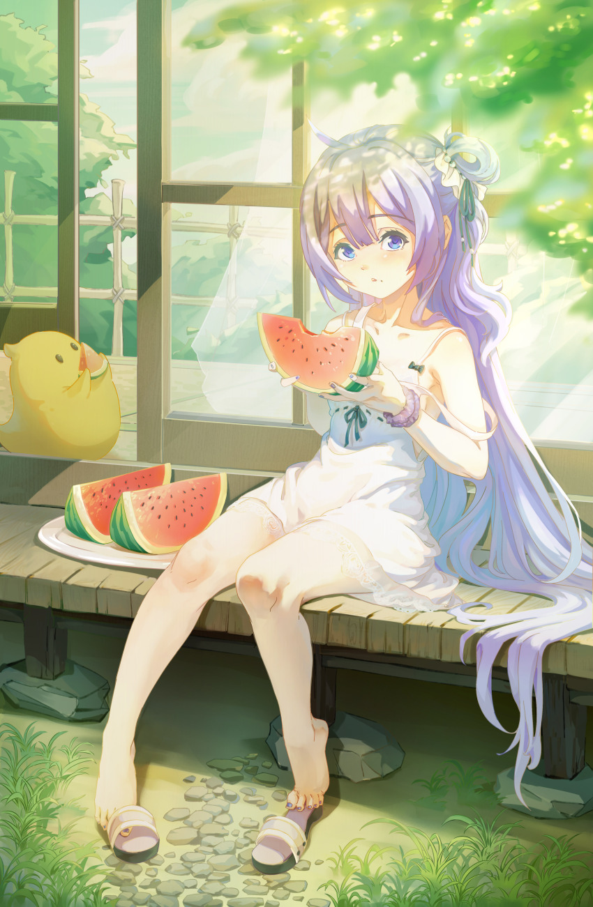 1girl absurdres azur_lane barefoot bra dress eating flip-flops food fruit hair_rings highres long_hair looking_at_viewer off_shoulder outdoors petite porch purple_eyes purple_hair sandals scrunchie sitting solo theleopardcat underwear unicorn_(azur_lane) watermelon watermelon_slice white_bra white_dress wrist_scrunchie