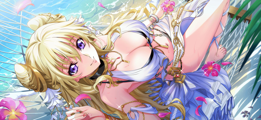 1girl armlet beach bikini black_bikini black_choker blonde_hair bracelet breasts chain choker cleavage code_geass code_geass:_boukoku_no_akito code_geass:_lost_stories cone_hair_bun double_bun f4samurai flower hair_between_eyes hair_bun hair_ornament highres jewelry large_breasts leila_malcal long_hair looking_at_viewer nail_polish necklace ocean official_art outdoors plant purple_eyes red_nails smile solo swimsuit very_long_hair water