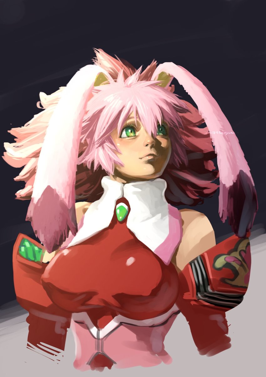 animal_ears breasts closed_mouth detached_sleeves colored_bangs green_eyes highres long_hair loveyama pink_hair rabbit_ears seraphita_(xenogears) simple_background solo xenogears
