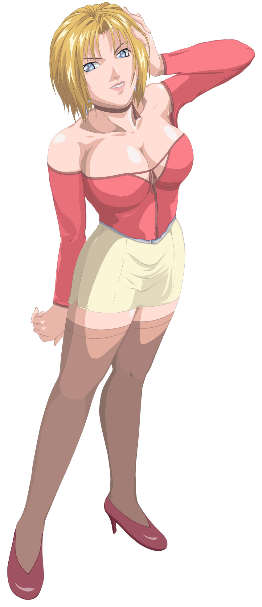 1girl bible_black bible_black_new_testament blonde_hair blue_eyes breasts dress kitami_reika large_breasts lipstick makeup mature_female red_dress shin_bible_black short_hair solo transparent_background transparent_png witch