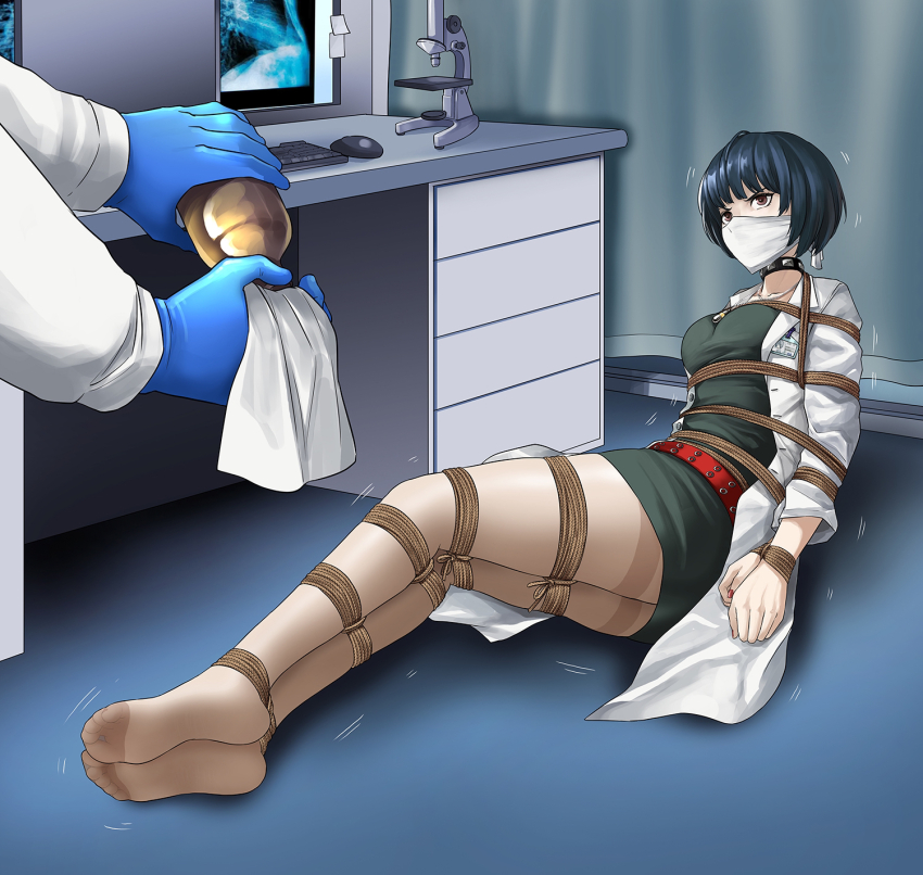 1girl arms_behind_back barefoot bdsm belt blue_hair bondage bound bound_ankles bound_arms bound_legs bound_wrists breasts brown_eyes choker cloth_gag coat dress gag gagged green_dress highres improvised_gag legs nurse on_floor over_the_nose_gag persona persona_5 skirt struggling takemi_tae thighs white_coat yanx5
