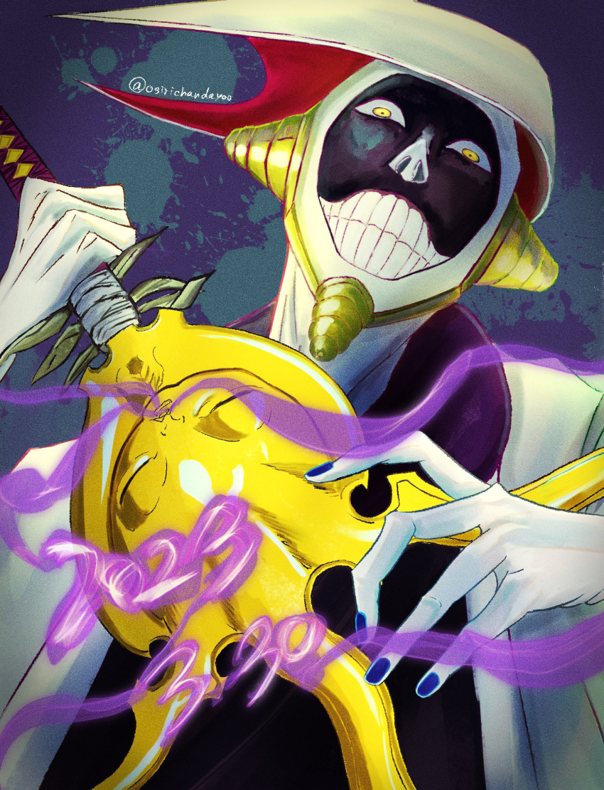 1boy bleach blue_nails coat colored_skin crazy_eyes dated evil_grin evil_smile gas grin hat highres holding_polearm kurotsuchi_mayuri makeup male_focus osirichandayoo poison polearm shikai smile solo trident twitter_username weapon white_coat white_hat white_skin yellow_eyes