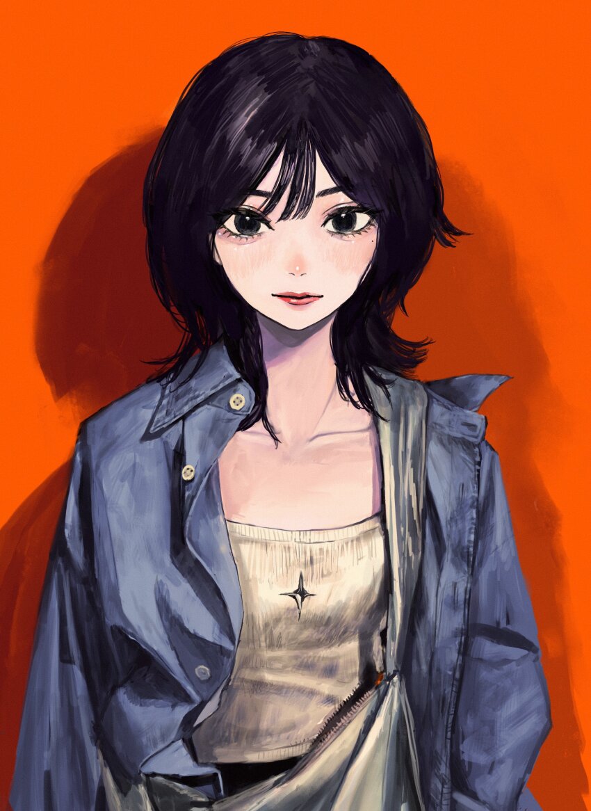1girl absurdres black_eyes black_hair blue_jacket blush breasts closed_mouth collarbone collared_jacket drop_shadow eyelashes hair_between_eyes hand_in_pocket highres jacket looking_at_viewer lui_n24 medium_hair mole mole_under_eye original print_sweater red_background red_lips simple_background small_breasts solo star_(symbol) star_print sweater upper_body yellow_sweater