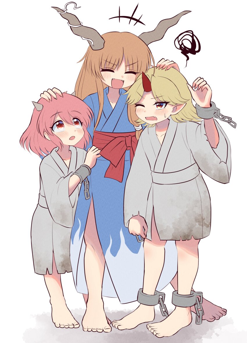 3girls absurdres aged_down blonde_hair blush brown_hair chain cuffs elaphe_guttata6 fangs hand_on_another&#039;s_head highres horns hoshiguma_yuugi ibaraki_kasen ibuki_suika japanese_clothes kimono multiple_girls oni pink_hair pointy_ears shackles single_horn touhou