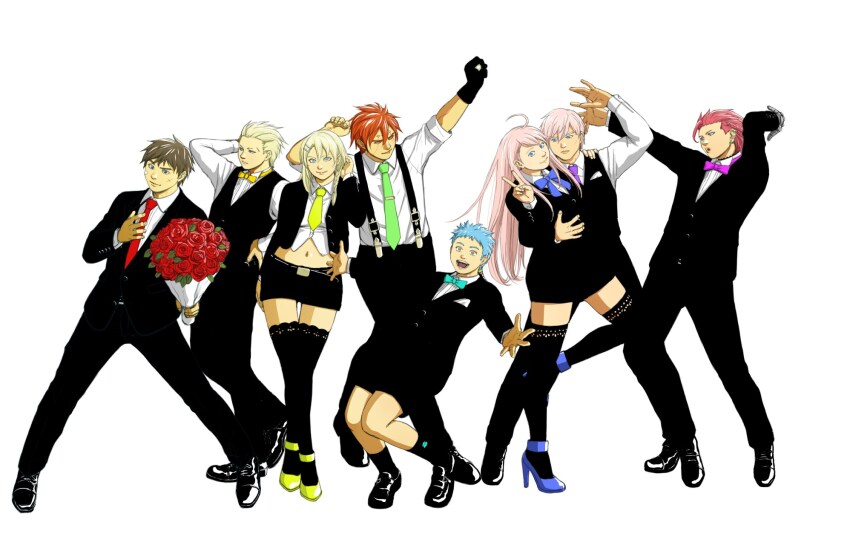 2girls 6+boys akamako aqua_bow aqua_bowtie black_gloves black_pants black_shoes black_suspenders blonde_hair blue_bow blue_eyes blue_hair blue_shoes bouquet bow bowtie braid brown_eyes brown_hair character_request drumkan earrings flower gloves green_necktie hair_ornament hairclip highres holding holding_bouquet jewelry metal_max metal_max:_fireworks metal_max_2 metal_max_3 metal_max_4:_gekkou_no_diva metal_max_xeno midriff multiple_boys multiple_girls navel necktie orange_hair pants pink_hair purple_bow purple_bowtie purple_necktie red_flower red_hair red_necktie red_rose rose shoes simple_background skirt suspenders tie_clip v white_background yellow_necktie yellow_shoes