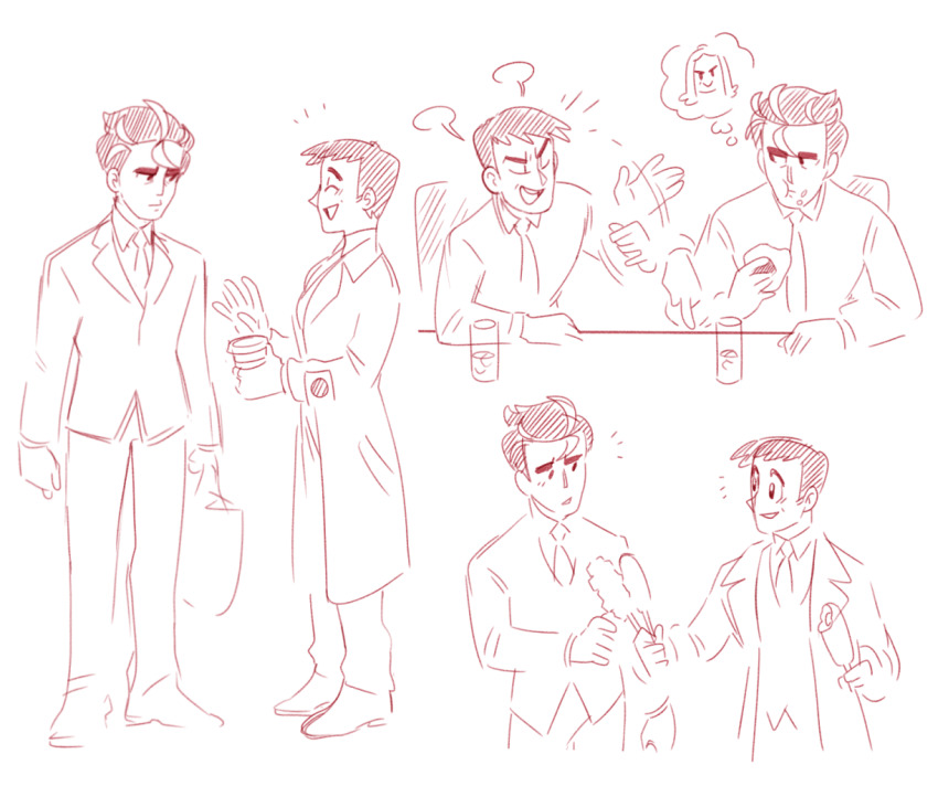 2boys cup food hassel_(pokemon) holding holding_cup larry_(pokemon) looker_(pokemon) looking_at_another male_focus monochrome multiple_boys multiple_views necktie nintendo onigiri pokemon pokemon_dppt pokemon_sv standing thick_eyebrows vergolophus