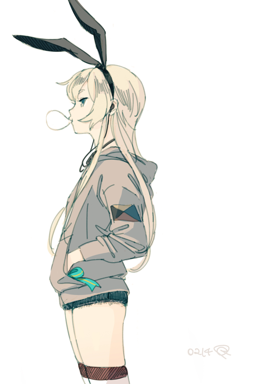 1girl alternate_costume blonde_hair chewing_gum cowboy_shot denim denim_shorts earphones female_focus from_side hands_in_pockets highres hood hooded_sweater kantai_collection kokudou_juunigou long_hair object_in_pocket pocket shimakaze_(kancolle) short_shorts shorts simple_background solo sweater white_background z-flag