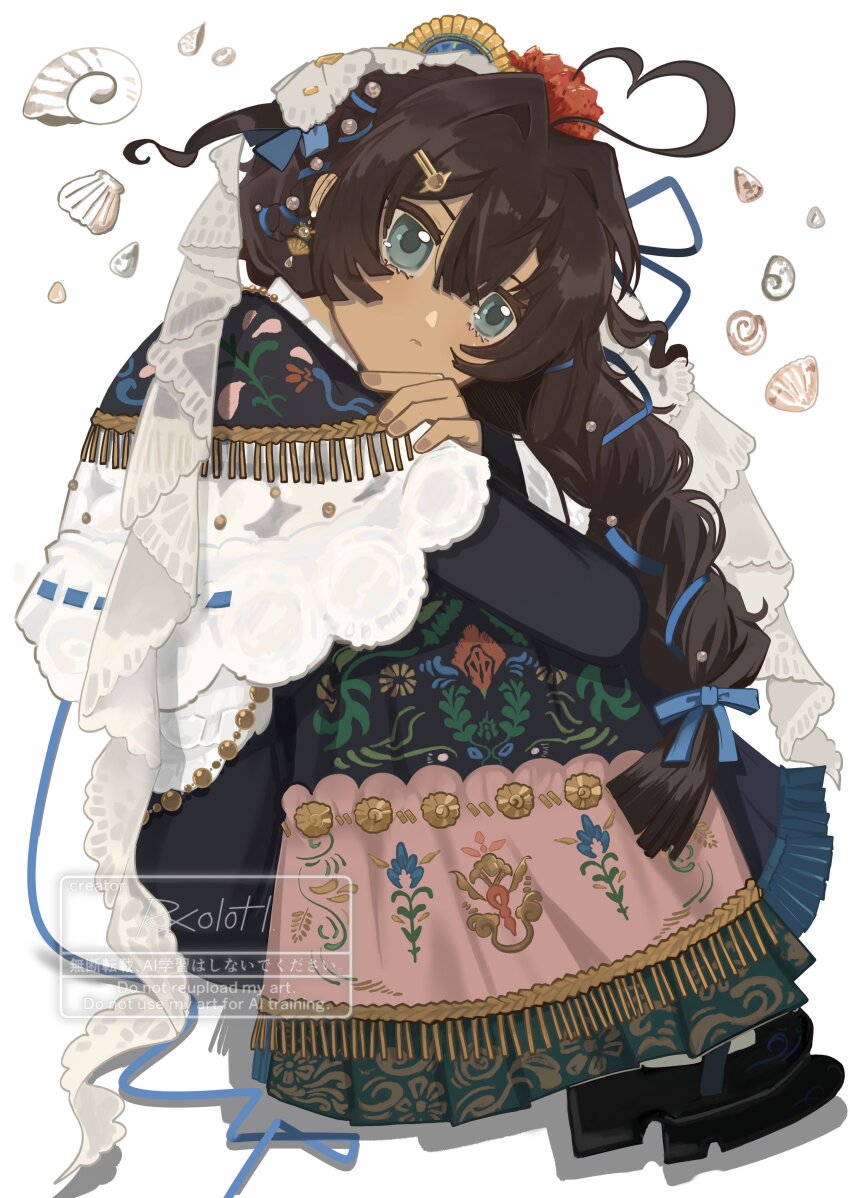 1girl absurdres ahoge black_cloak black_dress black_hair black_shoes blue_eyes blue_ribbon cloak dark-skinned_female dark_skin dress fatutu floral_print floral_print_dress flower from_side full_body hair_flower hair_ornament hair_ribbon hairband heart heart_ahoge highres hugging_own_legs knees_to_chest knees_up lace-trimmed_cloak long_braid long_dress looking_at_viewer official_alternate_costume print_dress ratanan red_flower reverse:1999 ribbon shell shoes smile snail_shell solo spanish_clothes watermark white_background white_hairband
