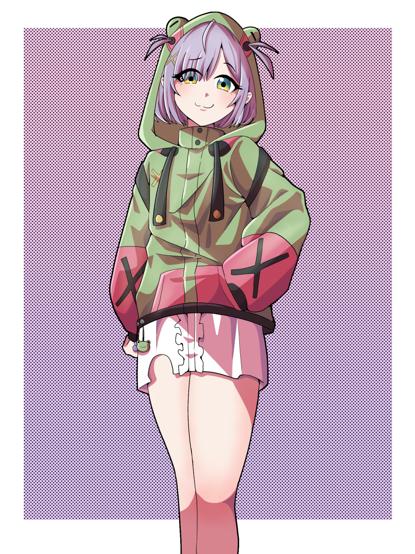 1girl absurdres commission dress eien_project eyes_visible_through_hair green_eyes hand_on_own_hip highres hood hoodie knees looking_at_viewer nose purple_hair shirt short_hair simple_background skirt smug solo thighs virtual_youtuber zumi_dokumi