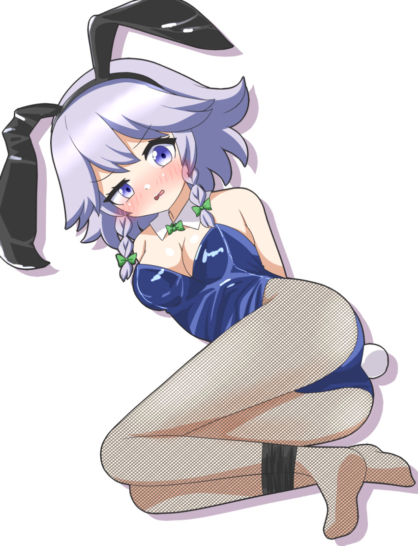 1girl :s animal_ear_headband animal_ears arms_behind_back black_pantyhose blue_eyes blue_leotard blush bound_ankles bow braided_sidelock breasts collar commentary_request fake_animal_ears fake_tail fishnet_pantyhose fishnets green_bow grey_hair highres izayoi_sakuya leotard looking_up low-tied_sidelocks lying medium_breasts no_shoes nose_blush on_side open_mouth pantyhose playboy_bunny rabbit_ears rabbit_tail raised_eyebrow short_hair sidelocks solo strapless strapless_leotard tail thighs touhou white_collar zenji029