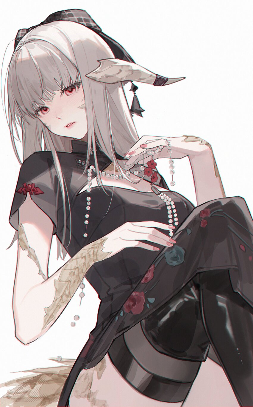 1girl absurdres au_ra black_boots black_dress black_thighhighs boots breasts china_dress chinese_clothes cleavage commentary_request dress final_fantasy final_fantasy_xiv grey_hair highres horns long_hair nail_polish parted_lips red_eyes red_nails scales side_slit simple_background solo thighhighs thighhighs_under_boots tochigi_1990 warrior_of_light_(ff14) white_background
