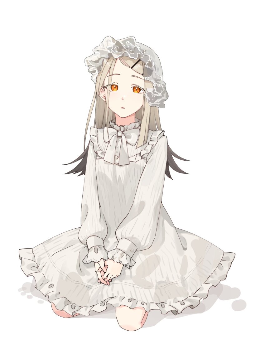 1girl bare_legs blonde_hair bonnet cross-eyed dress frilled_dress frilled_sleeves frills full_body gakuen_idolmaster hair_ornament hairclip highres idolmaster kneeling lilyac long_sleeves neck_ribbon on_ground open_mouth orange_eyes own_hands_together ribbon shinosawa_hiro simple_background white_background white_bonnet white_dress