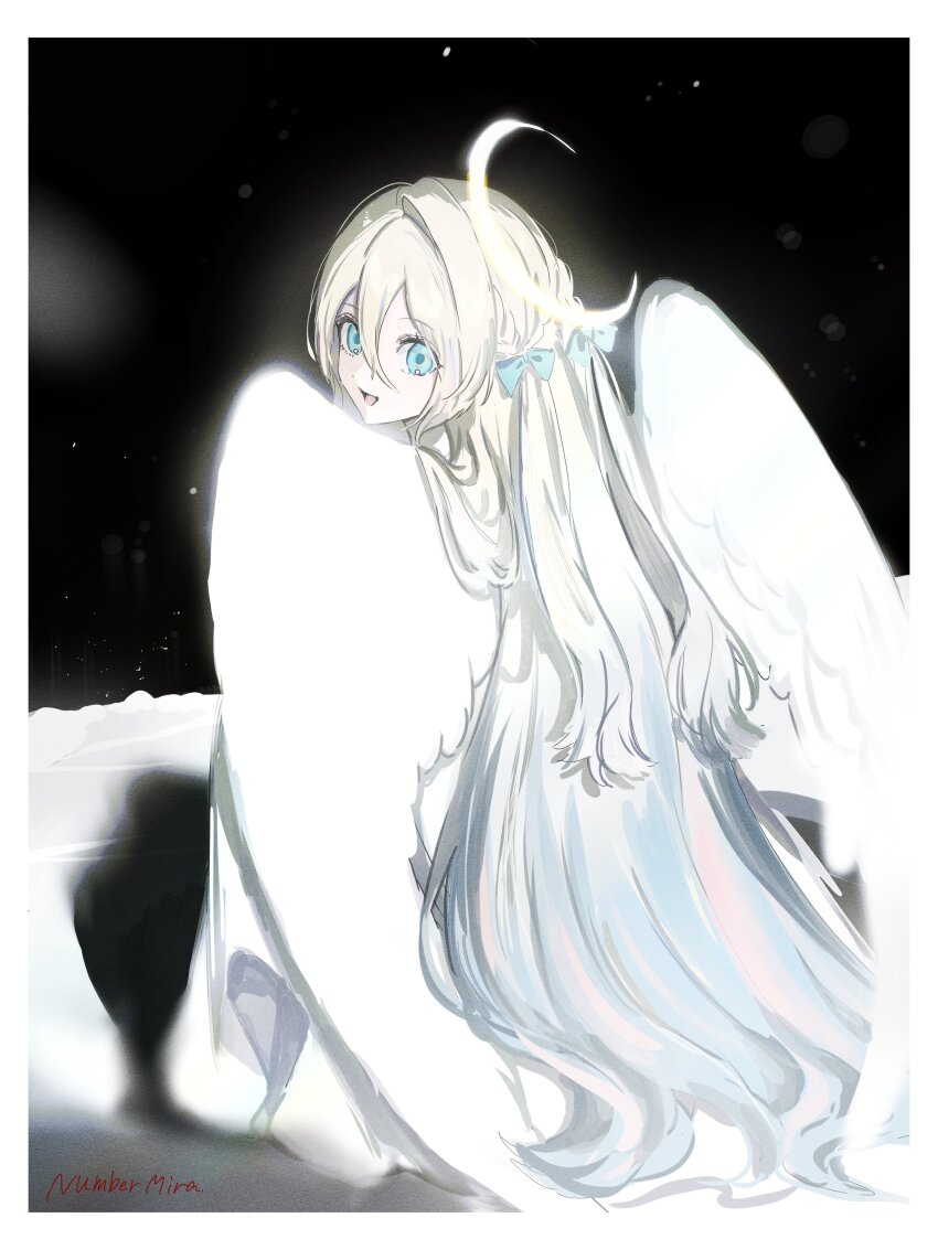 absurdres angel_wings black_background blue_eyes blue_hair blue_ribbon border crescent dress gawako gradient_hair halo highres light_particles long_hair looking_at_viewer looking_back moon multicolored_hair original ribbon shadow sideways_glance signature space very_long_hair white_border white_dress white_hair wings yellow_halo