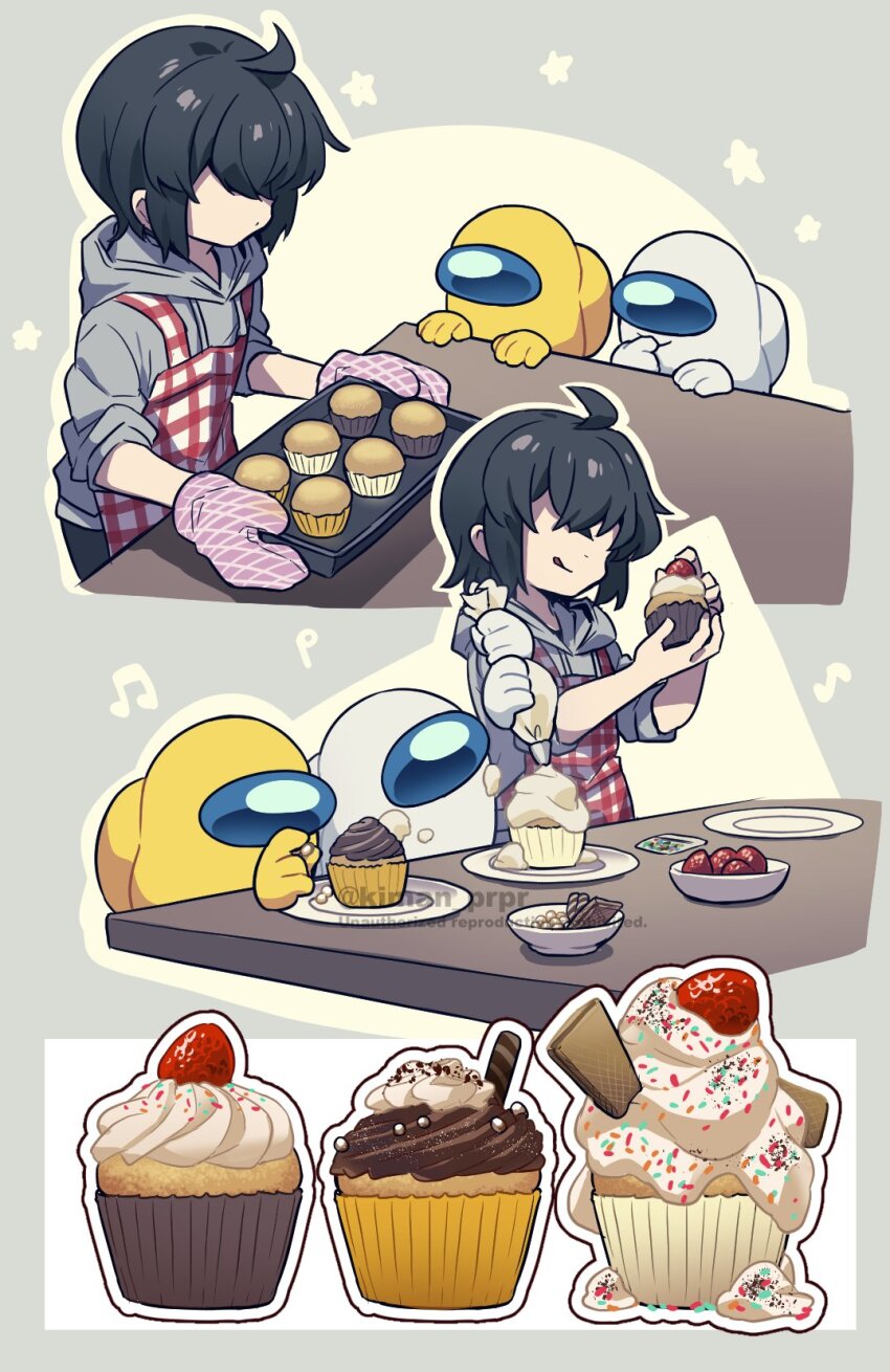 3others ahoge ambiguous_gender among_us apron baking baking_sheet black_hair cake_decoration comic commentary crewmate_(among_us) cupcake disembodied_hand faceless finger_in_own_mouth food food_on_face fruit grey_hoodie helmet highres holding holding_pastry_bag hood hoodie icing impostor_(among_us) kiman multiple_others musical_note oven_mitts pastry_bag plate short_hair silent_comic space_helmet spacesuit sprinkles strawberry symbol-only_commentary table they_(kiman) tongue tongue_out twitter_username wafer_stick watermark white_(among_us) yellow_(among_us)