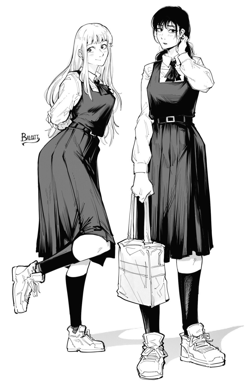 black_hair blunt_bangs chainsaw_man closed_mouth collared_shirt dress fourth_east_high_school_uniform greyscale highres long_hair looking_at_viewer low_twintails mitaka_asa monochrome neck_ribbon oyasumi_punpun pinafore_dress ribbon school_uniform shirt simple_background sleeveless sleeveless_dress smile tanaka_aiko twintails victorbalgitt white_shirt