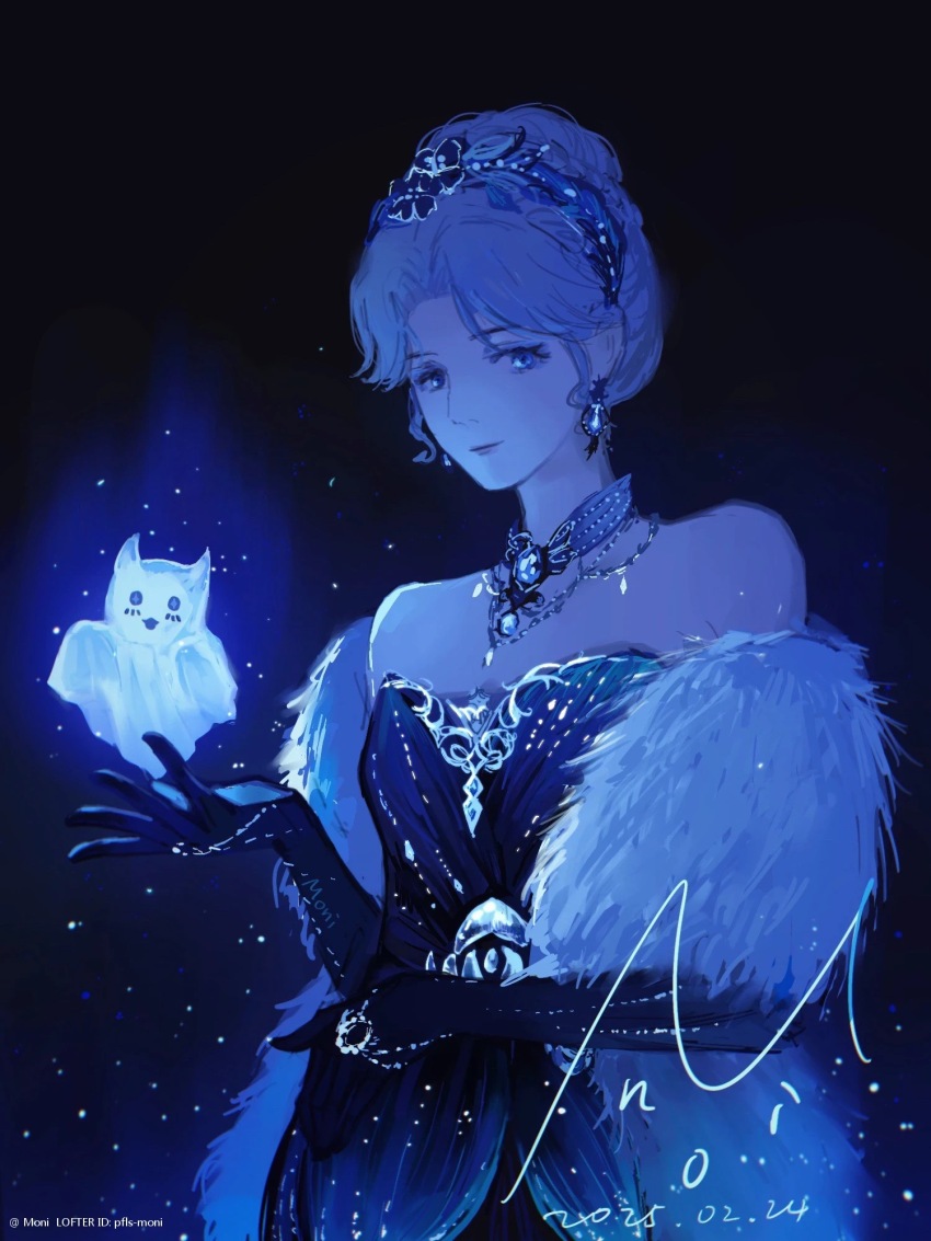 1girl bare_shoulders beads black_background black_flower black_gloves blue_collar blue_dress blue_eyes blue_eyeshadow blue_hair blue_theme chinese_commentary closed_mouth collar commentary_request copyright_notice cowboy_shot dated detached_collar dress elbow_gloves eyeshadow flower fur_shawl ghost gloves glowing hair_beads hair_bun hair_flower hair_ornament highres infinity_nikki jewelry light_particles lipstick lofter_username long_dress makeup mascara necklace nikki_(series) object_floating_above_hand outstretched_hand parted_bangs pfls-moni pink_lips shawl short_hair signature single_hair_bun smile solo spectral_mist_(infinity_nikki) standing strapless strapless_dress updo white_hair white_shawl