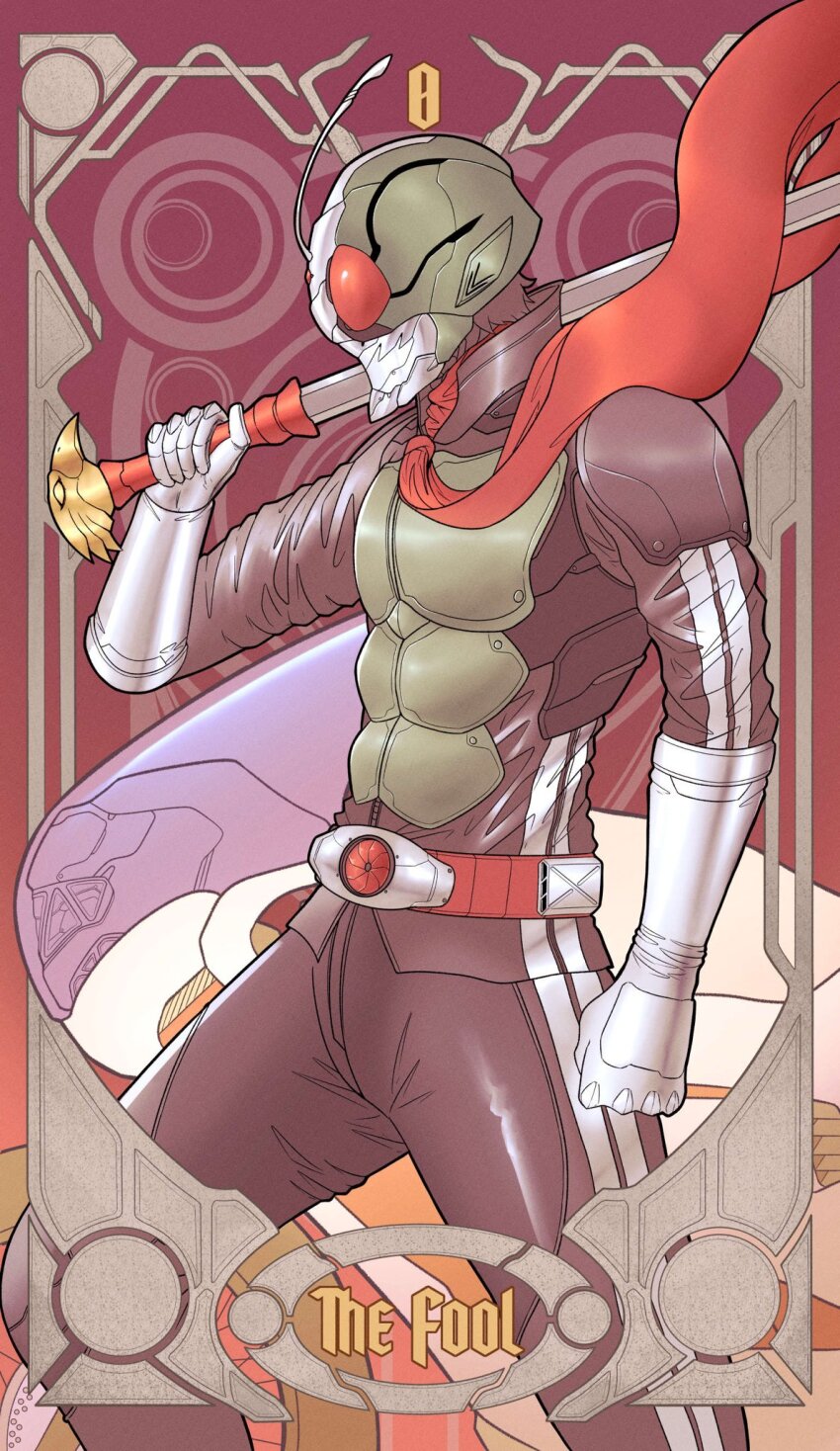 1boy antennae armor belt boots bug card card_(medium) compound_eyes giganticbrush gloves glowing grasshopper green_armor green_helmet helmet highres holding holding_sword holding_weapon insect kamen_rider kamen_rider_(1st_series) kamen_rider_1 male_focus red_eyes red_scarf rider_belt scarf shoulder_armor silver_gloves solo standing sword tarot tarot_(medium) tarot_card the_fool_(tarot) tokusatsu typhoon_(kamen_rider) weapon