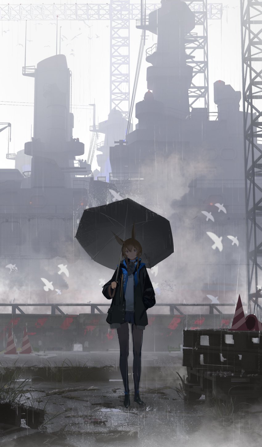 1girl absurdres amiya_(arknights) animal_ears arknights ascot bird black_jacket black_shoes blue_eyes blue_skirt brown_hair brown_pantyhose cargo_pallet commentary crane_(machine) dock frilled_ascot frills hair_between_eyes hand_in_pocket highres holding holding_umbrella jacket jiojio long_hair long_sleeves miniskirt open_clothes open_jacket pantyhose rabbit_ears rabbit_girl rain ship shoes sidelocks skirt smoke solo standing sweater traffic_cone umbrella under_umbrella watercraft white_sweater wide_shot