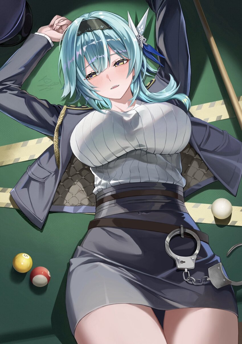 1girl alternate_costume arms_up averting_eyes ball billiard_ball black_hairband black_jacket black_skirt blue_hair blush breasts chinami_(chinamin_02) commentary_request cue_stick cuffs eula_(genshin_impact) genshin_impact grey_shirt hairband handcuffs high-waist_skirt highres jacket large_breasts lying medium_hair on_back on_table pencil_skirt pool_table shirt skirt solo table yellow_eyes