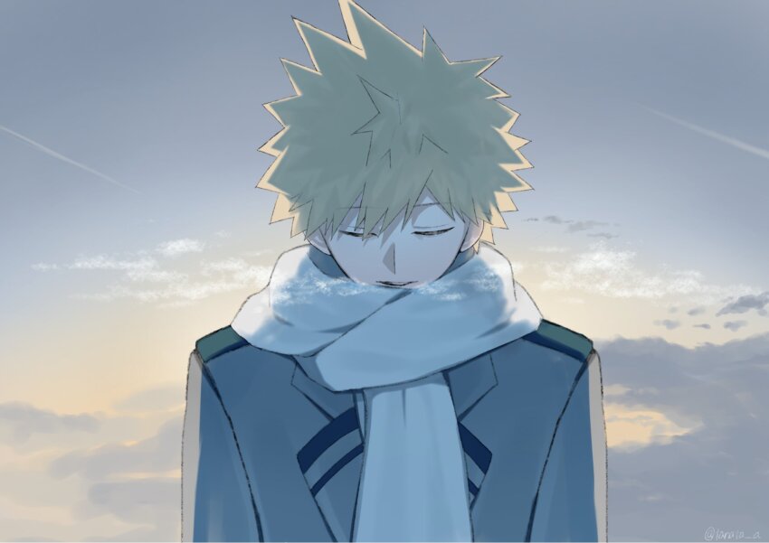 1boy bakugou_katsuki blonde_hair boku_no_hero_academia breath cloud cloudy_sky contrail grey_jacket highres jacket lapels male_focus notched_lapels outdoors scarf school_uniform short_hair sky solo spiked_hair tanata_a u.a._school_uniform upper_body white_scarf