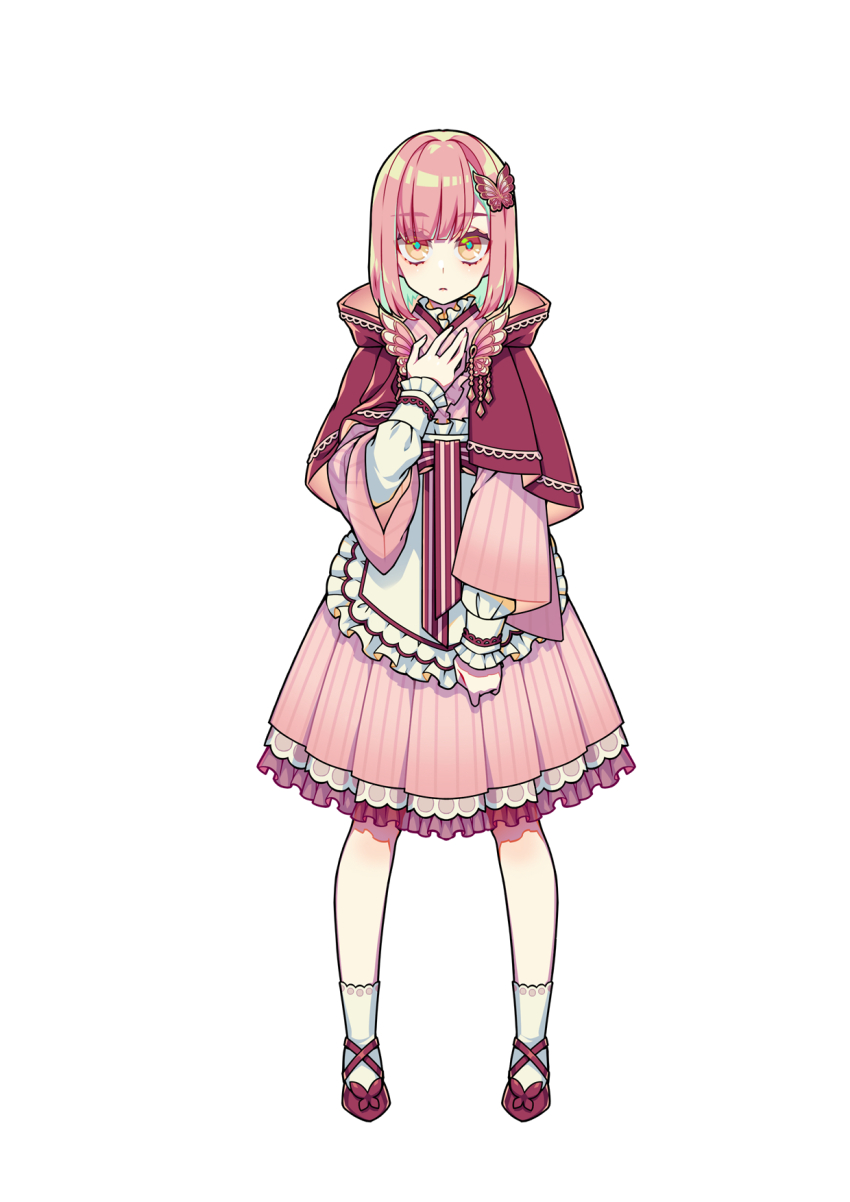 1girl apron aqua_hair aqua_pupils blunt_bangs butterfly_hair_ornament colored_eyelashes commentary_request dress frills frown hair_ornament hand_on_own_chest highres long_sleeves looking_at_viewer multicolored_hair orange_eyes pink_dress pink_hair pink_shawl red_ribbon ribbon shawl solo striped_clothes striped_dress taishou two-tone_hair vertical-striped_clothes vertical-striped_dress vocaloid vy1 waist_apron white_sleeves wide_sleeves yanoko