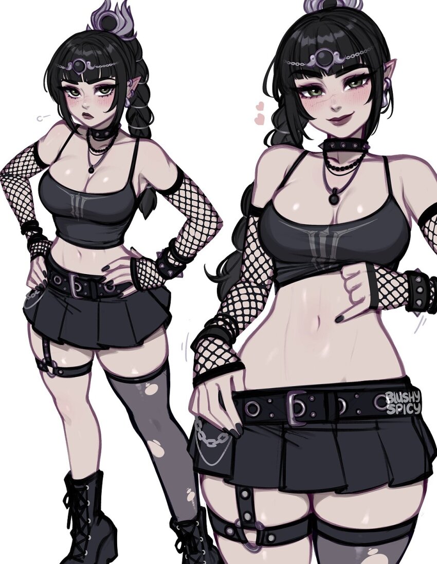 1girl baldur&#039;s_gate baldur&#039;s_gate_3 black_hair blush blushyspicy braid breasts choker dungeons_&amp;_dragons dungeons_&amp;_dragons elf goth_fashion green_eyes hair_ornament highres large_breasts long_hair looking_at_viewer multi-tied_hair navel pointy_ears scar scar_on_face scar_on_nose shadowheart_(baldur&#039;s_gate) simple_background skirt smile solo