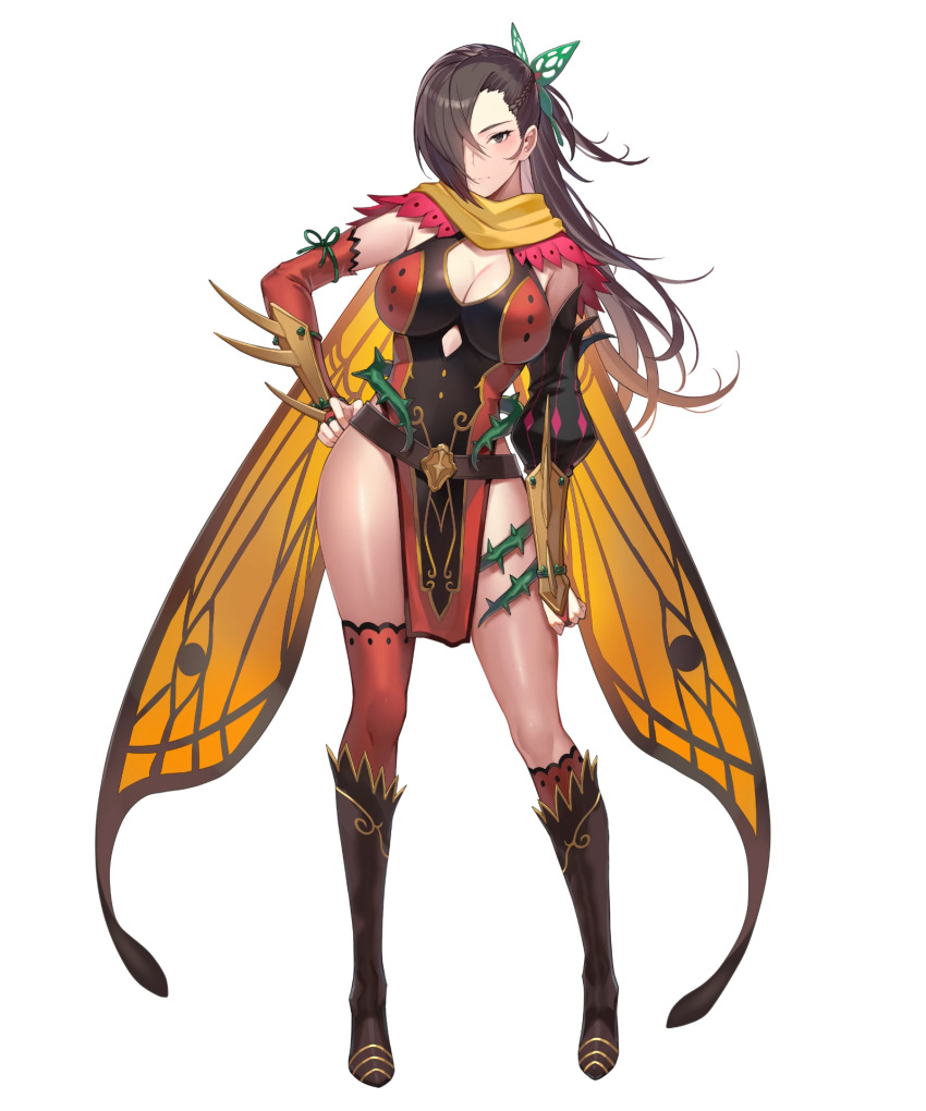 1girl armor asymmetrical_legwear belt boots breasts brown_eyes brown_hair cape cleavage closed_mouth dress female_focus fire_emblem fire_emblem_fates fire_emblem_heroes full_body hair_ornament hair_over_one_eye hand_on_own_hip highres kagero_(fire_emblem) kagero_(resplendent)_(fire_emblem) kakage knee_boots large_breasts long_hair looking_at_viewer matching_hair/eyes ninja nintendo official_alternate_costume official_art pelvic_curtain shiny_skin short_dress single_thighhigh solo standing thighhighs thighs thorns transparent_background