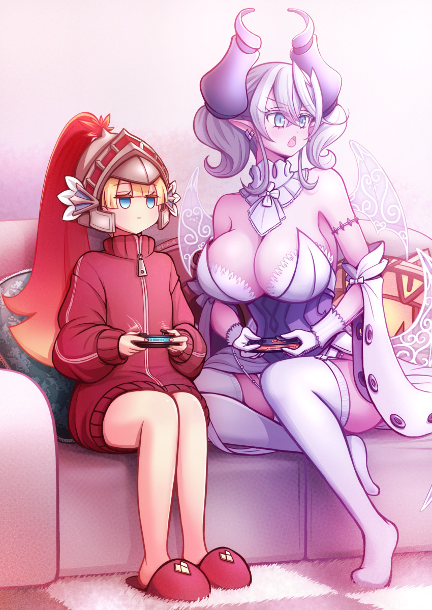 2girls :| akisame_rizu bare_legs bare_shoulders blonde_hair blue_eyes breasts chestnut_mouth cleavage closed_mouth controller demon_girl demon_horns demon_wings dress drill_hair duel_monster expressionless game_controller gamepad grey_eyes grey_hair helmet highres holding holding_controller holding_game_controller horns jacket jitome joy-con_2 knight_(yu-gi-oh!) large_breasts lovely_labrynth_of_the_silver_castle multiple_girls multiple_wings playing_games pointy_ears red_jacket sitting sketch strapless strapless_dress thighhighs track_jacket transparent_wings twin_drills twitter_username white_dress wings yu-gi-oh!