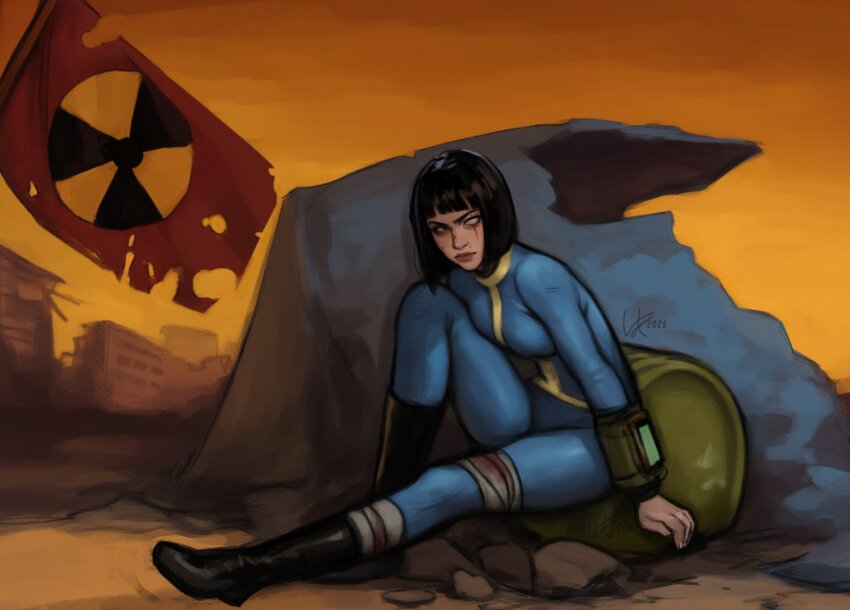 1girl 2025 barrel blue_bodysuit bob_cut bodysuit boots cityscape fallout fallout_1 flag highres leaning on_floor orange_sky pip_boy radiation_symbol scar scar_across_eye scar_on_face signature sitting sky solo torn_flag vankraut vault_dweller vault_suit wrist_computer