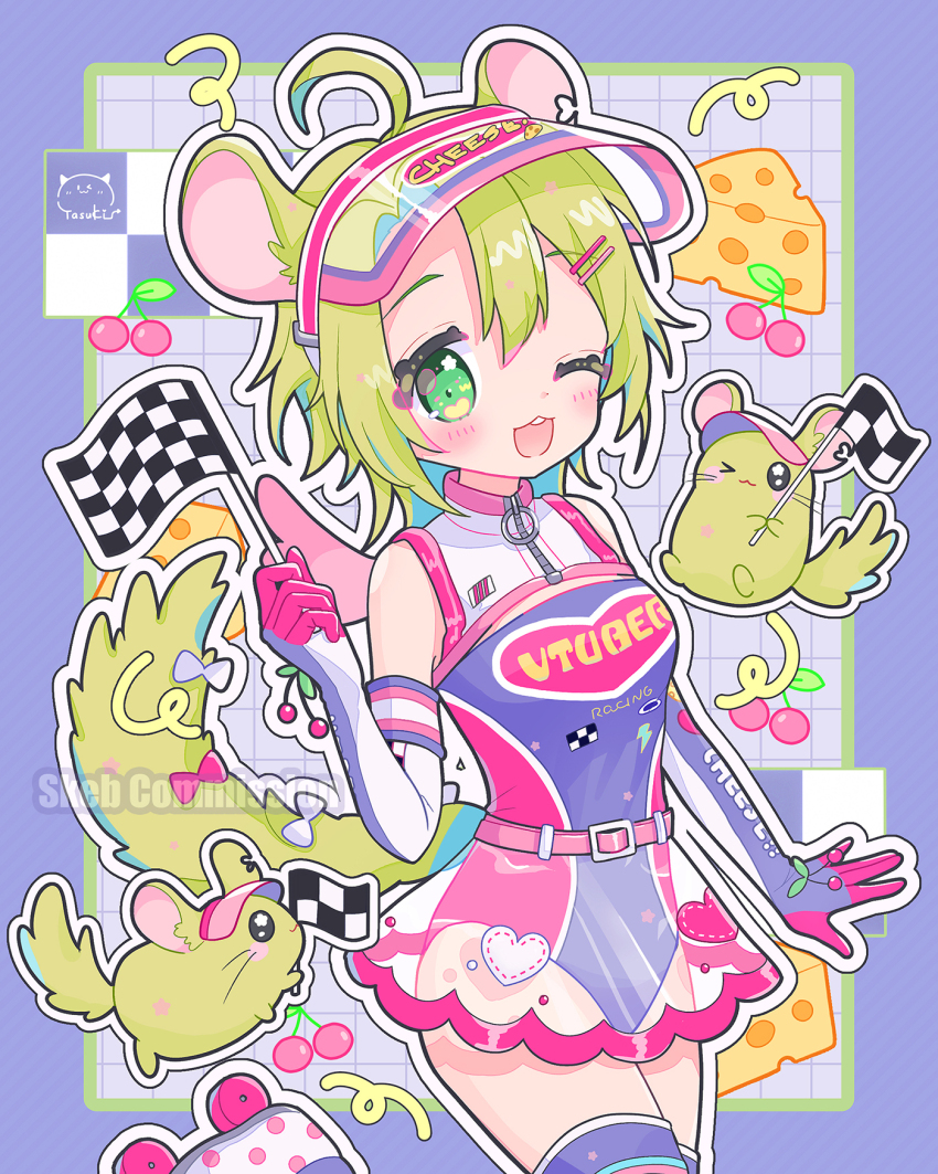 &gt;_o 1girl :3 ahoge ashton_marten_(vtuber) bare_shoulders belt blush bow checkered_flag cheese cherry chinchilla_(animal) chinchilla_ears chinchilla_girl chinchilla_tail clothes_writing commission elbow_gloves flag food fruit gloves green_hair heart highres holding holding_flag indie_virtual_youtuber one_eye_closed open_mouth outline pink_belt race_queen roller_skates see-through_clothes see-through_skirt short_hair skates skeb_commission skirt smile tail tail_bow tail_ornament tasuki6918 teeth upper_teeth_only virtual_youtuber visor_cap watermark white_bow white_outline