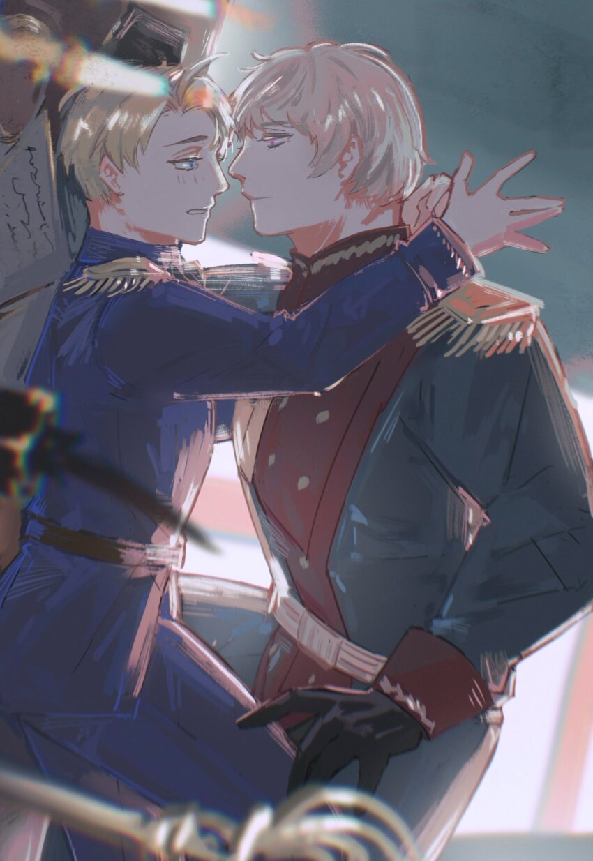 2boys ahoge america_(hetalia) armlock axis_powers_hetalia belt black_belt black_gloves blonde_hair blue_jacket blue_pants blurry blurry_background blurry_foreground blush buttons candle chinese_commentary closed_mouth commentary_request curtains epaulettes gloves green_jacket green_pants grey_hair half-closed_eyes highres indoors jacket long_sleeves looking_at_another lying male_focus military military_jacket military_uniform multiple_boys on_back pants paper purple_eyes quill russia_(hetalia) short_hair table teeth vampiryprpr yaoi yellow_belt