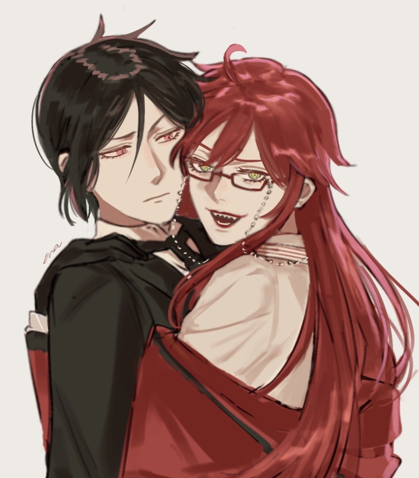 1boy 1girl black_hair closed_mouth ena33333333 eyelashes green_eyes grell_sutcliff highres hug kuroshitsuji long_hair open_mouth pale_skin red_eyes red_hair red_lips sebastian_michaelis sharp_teeth teeth