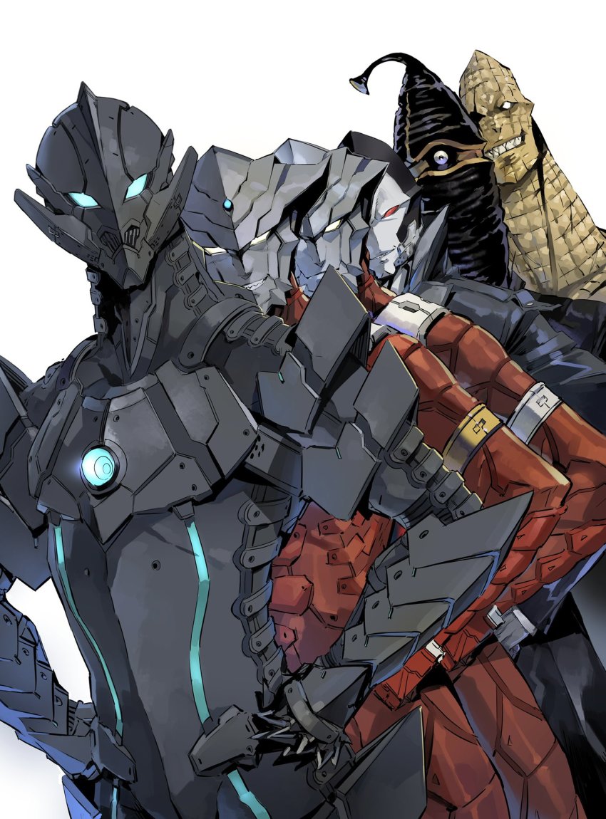 6+boys adad_(ultraman) alien armor astra_(ultraman) bemular bemular_(ultraman_anime) blue_eyes edo_(ultraman) hands_on_own_hips highres leo_(ultraman_(hero&#039;s_comics)) male_focus multiple_boys one-eyed power_armor red_(ultraman) red_eyes scar scar_across_eye scar_on_face shimizu_eiichi shimoguchi_tomohiro smile ultra_series ultraman_(anime) ultraman_(hero&#039;s_comics) white_background white_eyes yellow_eyes zetton