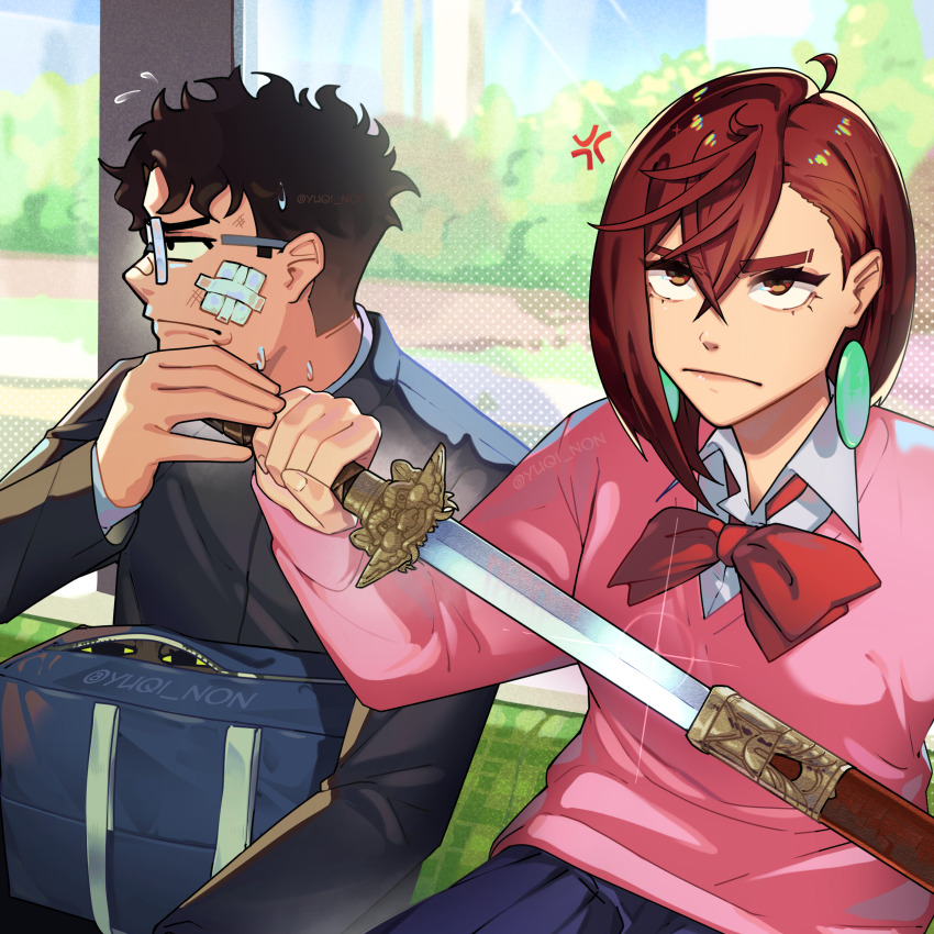 1boy 1girl :/ absurdres ahoge anger_vein angry artist_name averting_eyes ayase_momo bag bandage_on_face bandages bench black_hair black_jacket blue_bag blue_skirt bob_cut bow bowtie breasts brown_eyes brown_hair bruise bruise_on_face closed_mouth collared_shirt commentary crossed_bangs dandadan day drawing_sword dress_shirt english_commentary eyelashes flying_sweatdrops foliage frown gakuran glasses hand_on_another&#039;s_hand highres holding holding_bag holding_sheath holding_sword holding_weapon injury jacket long_sleeves medium_breasts medium_hair messy_hair nervous_sweating on_bench pendant_earring photo-referenced pink_sweater pleated_skirt red_bow red_bowtie school_bag school_uniform sheath shirt sitting skirt sparkle sweat sweatdrop sweater sword takakura_ken_(dandadan) thick_eyebrows threat twitter_username unamused upturned_eyes wavy_hair weapon white_shirt window yuqi_non