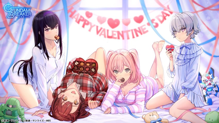 4girls absurdres all_fours artist_request beargguy_iii black_hair blush box box_of_chocolates breasts brown_eyes brown_hair candy chibi chocolate chocolate_heart cleavage cookie copyright_name copyright_notice curtains dress feet flannel flat_chest food frilled_dress frills grey_eyes gundam gundam_areus gundam_breaker_mobile haro heart highres ichinose_yuri kotomori_ren kuzunoha_rindou large_breasts long_hair long_shirt lying medium_breasts miyama_sana multiple_girls official_art on_stomach purple_eyes ribbon short_hair silver_hair sitting soles stuffed_toy tagme the_pose valentine wariza window zaku_ii