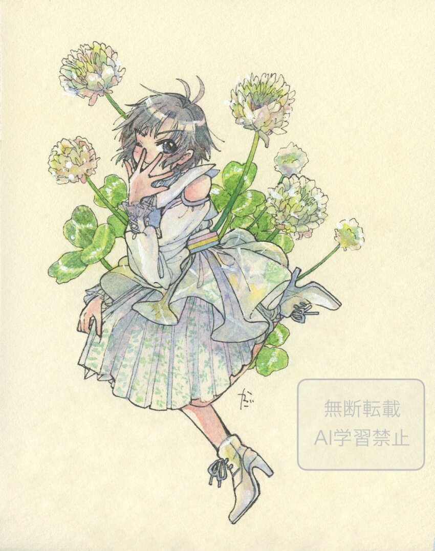 antenna_hair black_hair boots clover colored_pencil_(medium) detached_sleeves dress hand_on_skirt hand_over_face high_heel_boots high_heels highres idolmaster idolmaster_(classic) kago_ya765 kikuchi_makoto looking_at_viewer parted_bangs traditional_media white_dress yellow_background