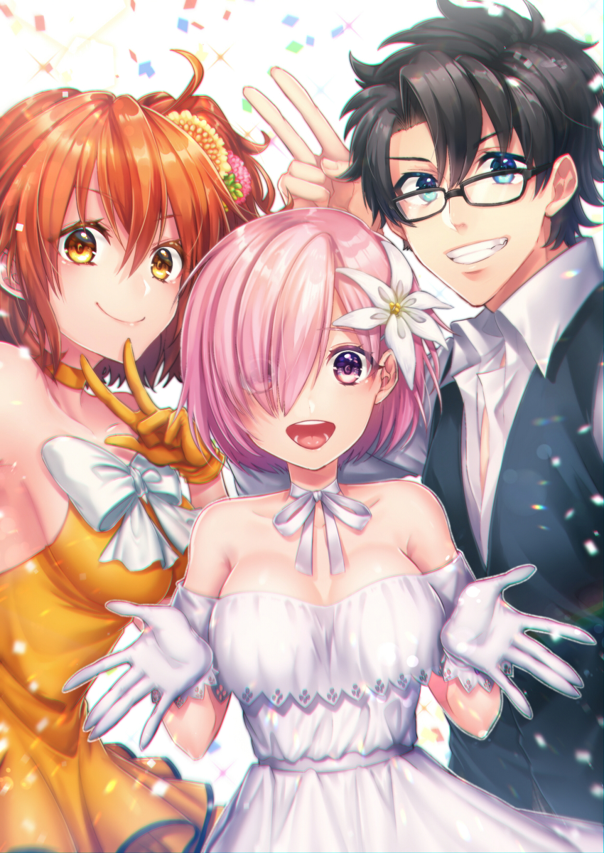 1boy 2girls absurdres alternate_costume alternate_hair_ornament bare_shoulders black_hair black_jacket breasts cleavage collarbone commentary dress dual_persona eyes_visible_through_hair fate/grand_order fate_(series) flower formal_clothes fujimaru_ritsuka_(female) fujimaru_ritsuka_(female)_(starlight_fest) fujimaru_ritsuka_(male) fujimaru_ritsuka_(male)_(starlight_fest) glasses gloves hair_between_eyes hair_flower hair_ornament happy highres jacket kamuinii large_breasts looking_at_viewer mash_kyrielight mash_kyrielight_(formal_dress) medium_hair multiple_girls official_alternate_costume open_mouth orange_dress orange_eyes orange_gloves orange_hair ribbon shirt short_hair side_ponytail simple_background smile upper_body v white_dress white_gloves white_neckwear white_shirt
